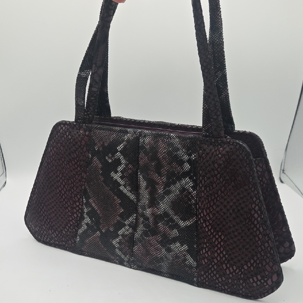 Michelle LaLonde Burgundi & Black Reptile Python Embossed Suede Shoulder Bag